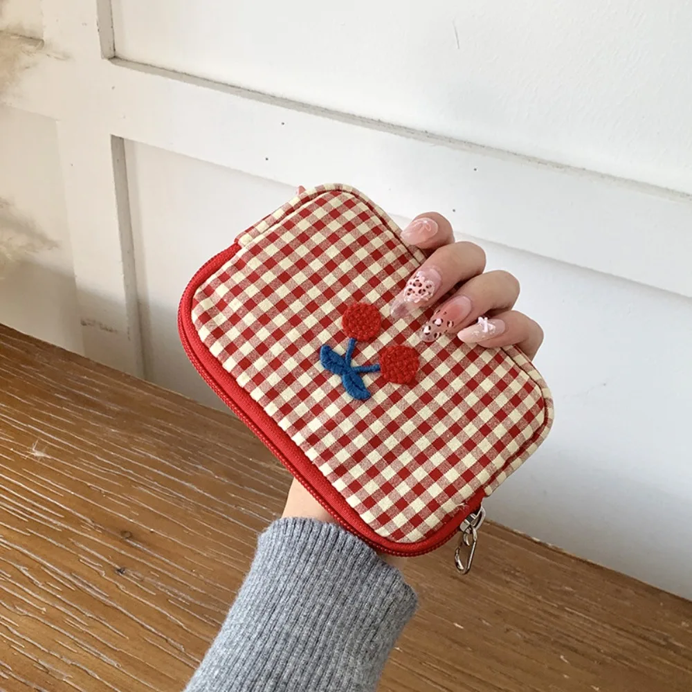 Portable Cotton Plaid Makeup Multifunctional Purse Cherry Cosmetic Card Cloth Storage Bag Travel_voghion.com