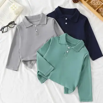 2025 Nuovo 3 pezzi per bambini in puro colore semplice moda polo ragazzo casual Joker camicia a maniche lunghe fratello fratello genitore-figlio 1