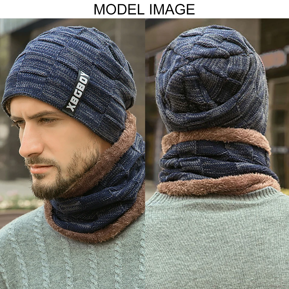 KoKossi Winter Hat Cover Headband Scarf Set With Thick Velvet Soft Windproof Cold Resistant Woolen Hat Warm Men Knitted