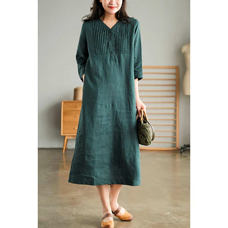

Summer Women Cotton Linen Dress Fashion Loose Stitching Solid V-neck Half Sleeve Mid-length Dress Casual Elegant Folds Vestidos