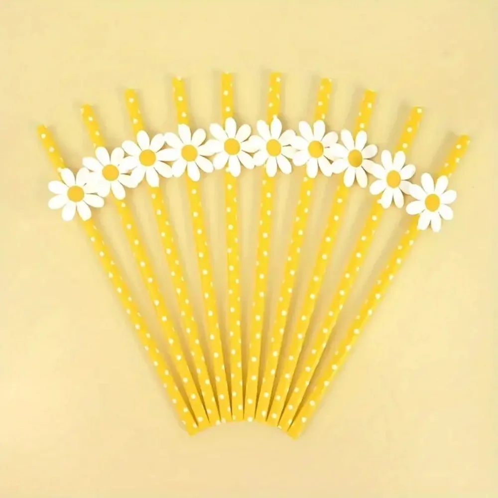 20Pcs Eco-friendly Heart Paper Straws Degradable Pink/yellow Daisy Flower Paper Straws 6mm Disposable Drinking Straw Restaurant