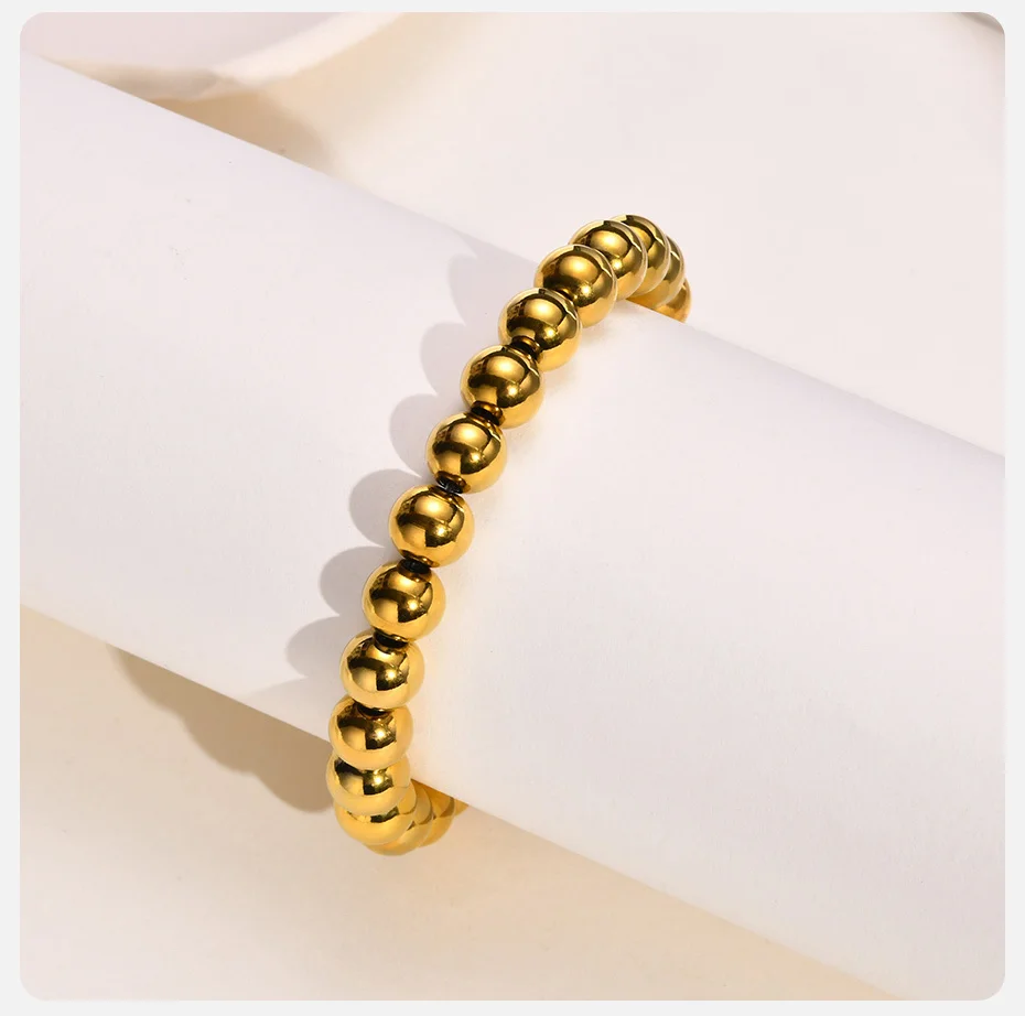 Vnox Goldfarbenes Edelstahl-Perlen-Armband für Damen und Herren, klassisches Kugelkettenarmband, dehnbarer elastischer Armband-Schmuck – Detail 6
