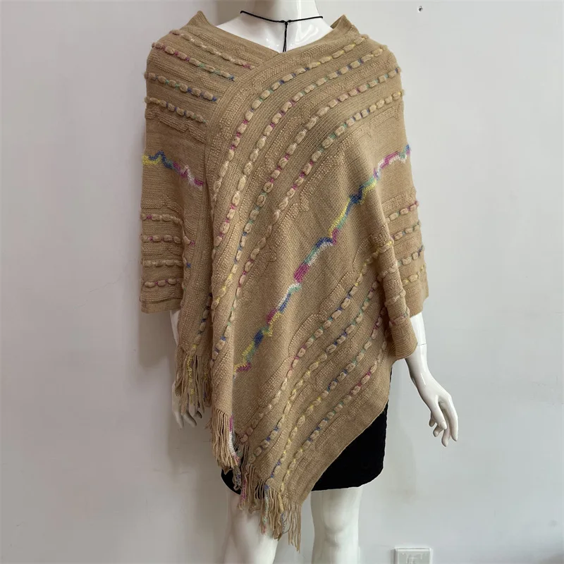 2022 Spring Autumn New Women Wear European  American Tassel Pullover Cloak National Style Lady Shawl Sweater Scarf Khaki 2023 new thin print sunscreen shawl women summer uv protection riding sunscreen cloak lady poncho capes khaki