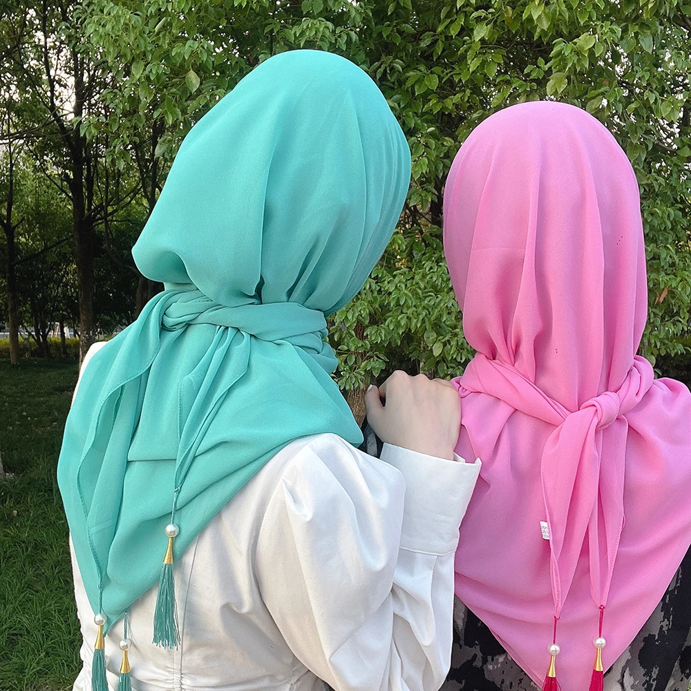 

Malaysian hijabs Pendant Pearl Tassel Bawal Tudung plain high quality shawl shawls premium heavy Chiffon hijab Square scarf