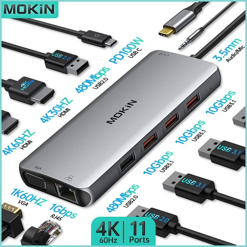 

MOKiN 11 in 1 Docking Station for MacBook Air/Pro, iPad, Thunderbolt Laptop: USB2.0, USB3.1, HDMI 4K30Hz, PD 100W, RJ45 1Gbps