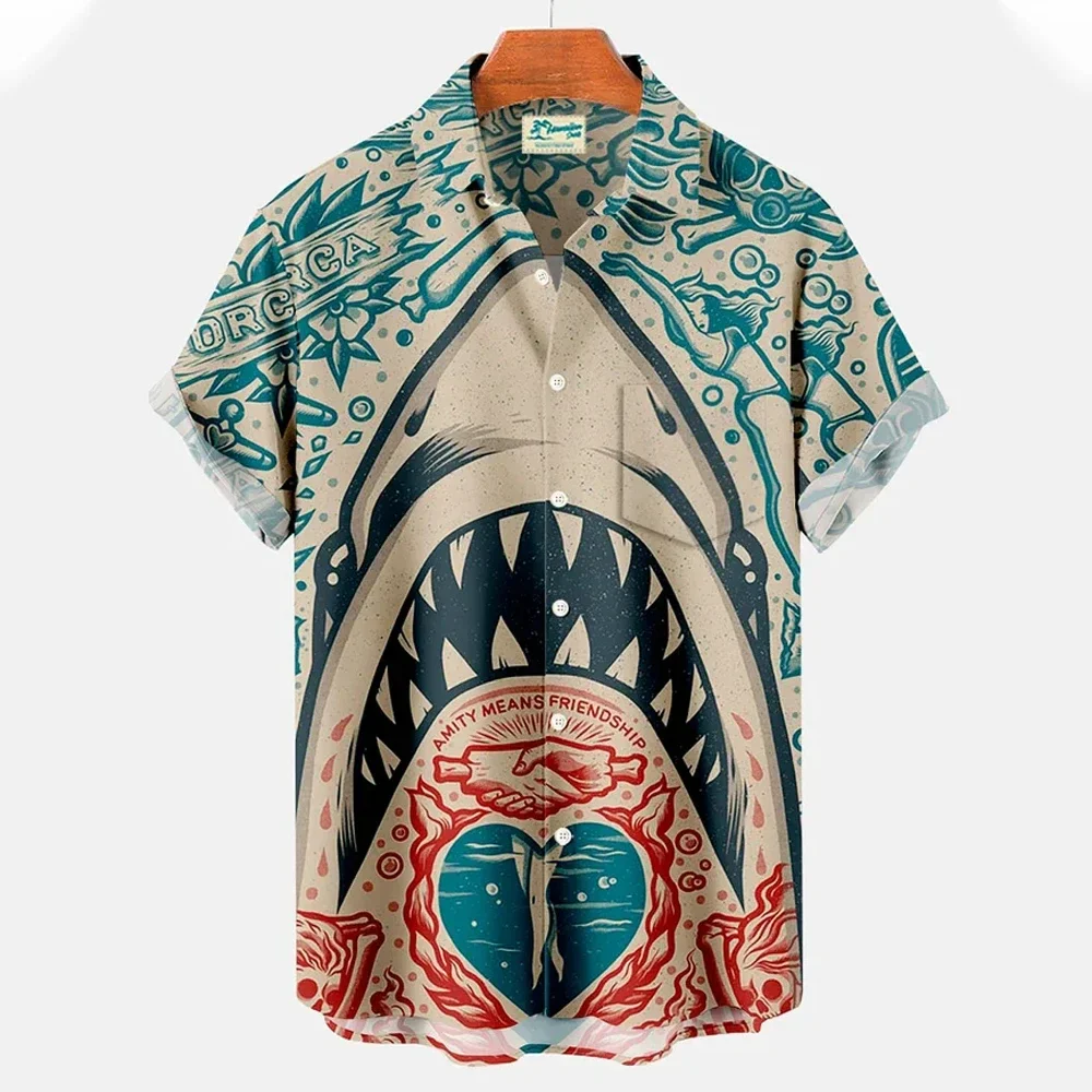 

New Men Hawaiian Shark Blouse Tshirt 3D Animal Print Clothes Fashion Button Men's Shirts Short Sleeve Lapel Streetwear Shirt Top