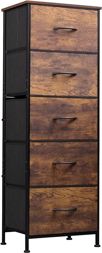 

5-Drawer Tall Dresser for Bedroom, Storage Dresser Organizer with Fabric Bins, Wood Top, Sturdy Steel Frame,Multiple Colors