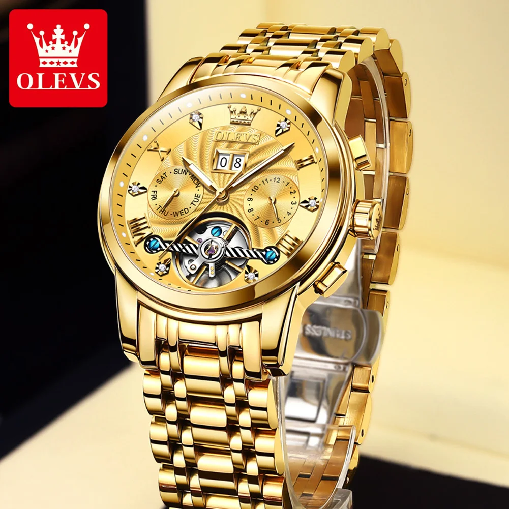 

Luxury Golden Men Mechanical Wristwatches Month Week Display Waterproof Luminous Stainless Steel Automatic Watch Man Boys Gift