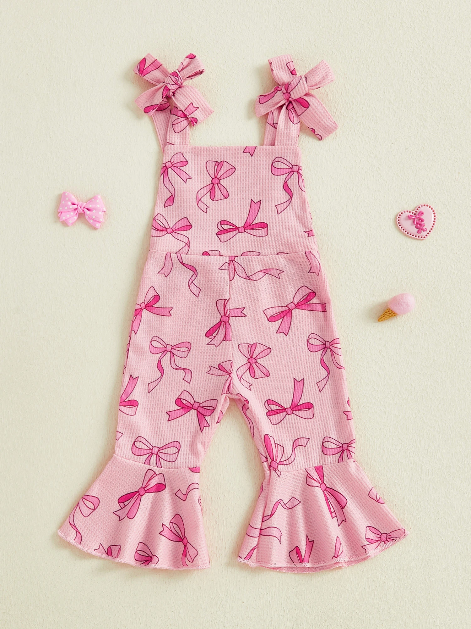 Adorable Infant Girls Sleeveless Romper with Cute Bow Detail and Stylish Bell Bottoms Perfect for Summer Outings and Playtime