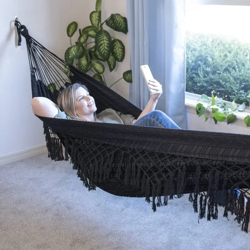 Polyester  Macramé Hammock with Indoor Hanging Kit Bundle, Open Size 81" L x 59" W 2