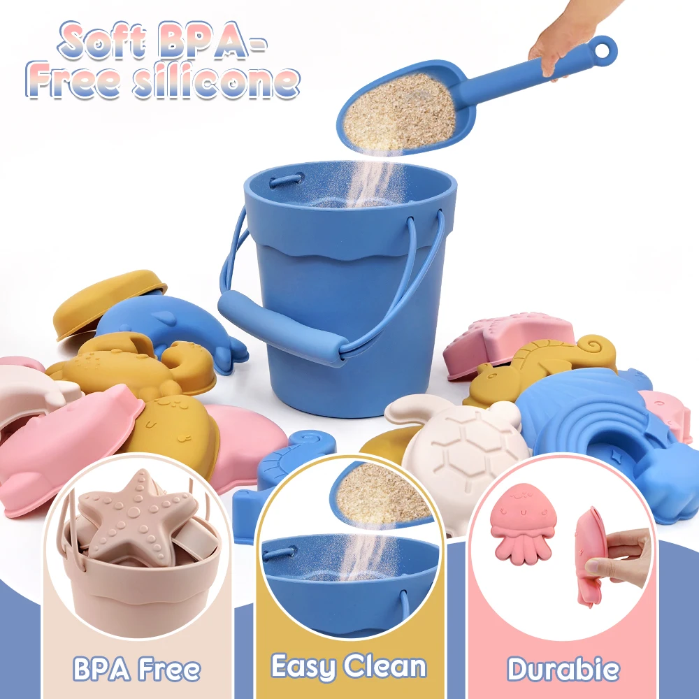 Silicone beach toy set, children's sand shovel toy shovel, handheld beach bucket, parent-child beach sand playing tools 6