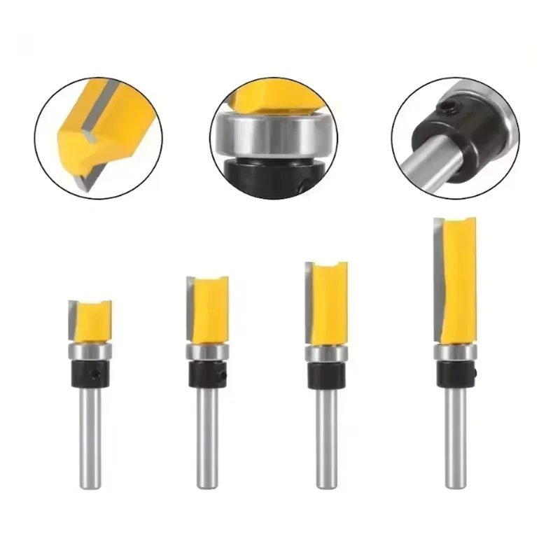 Pattern Router Bit 4pcs 1/4-Inch Shank Bearing Guided Pattern Router Bit Woodworking Edge Trimming Tool with Double-Edged Straight Cutter