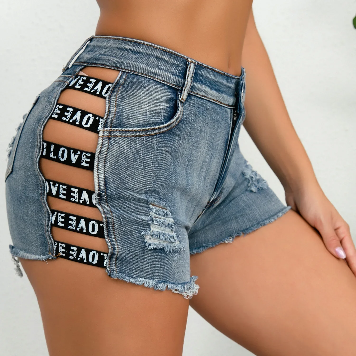Sexy High Waist Womens Jeans Shorts 2024 Summer Fashion Denim Hole Prints Splicing Elastic Shorts Ladies Skinny Super Short Jean