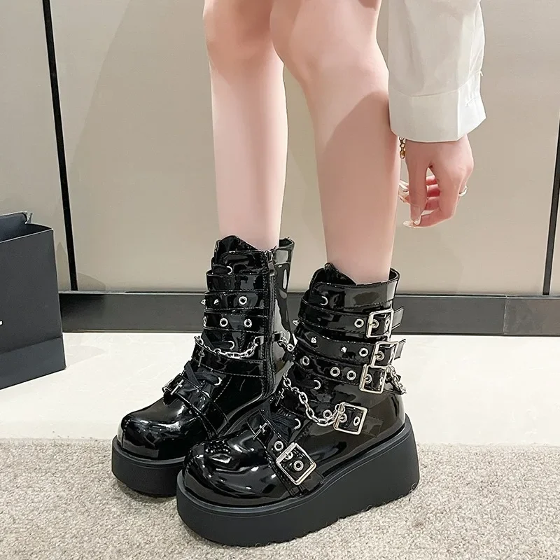 Fashion Big Size 40 Black Gothic Motorcycle Boots Zip High