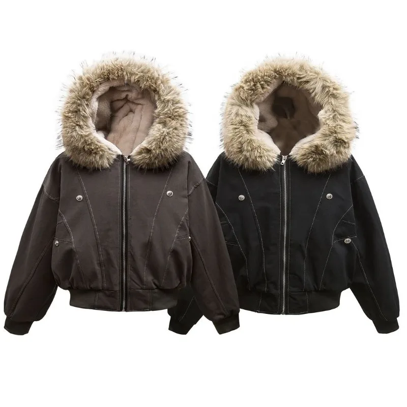 Fur Collar Hooded Cotton-padded Jacket Men And Women American Cleanfit Y2K Hip Hop Harajuku Vintage cotton jacket,parka coat,parkas coat