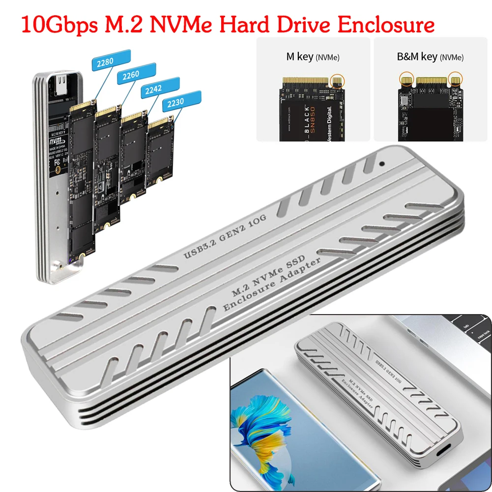 

Solid State Drive External Enclosure Aluminium Alloy NVMe To USB Adapter 10Gbps Hard Drive Enclosure for SSD 2230/2242/2260/2280