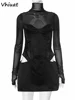 Vhiuat Sexy Cut Out Mesh Patchwork Turtleneck Long Sleeve Wrap Short Dress 2024 Party Evening Elegant Party Birthday Mini Dress 5