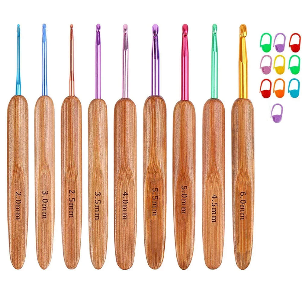 

9Pcs/Set 2-6mm Colorful Bamboo Knitting Needles Crochet Hooks Set with 10pcs Stitch Markers Weave Yarn Craft for Beginner