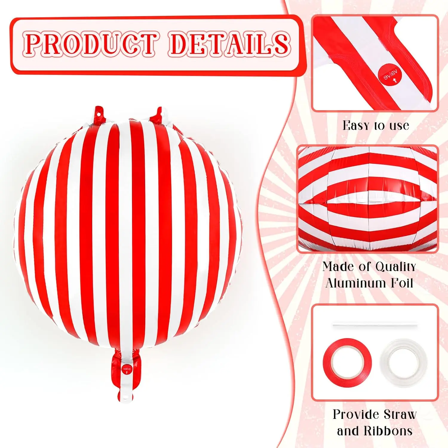 12 Stück rot weiß gestreifte karierte Luftballons 18 Zoll Aluminiumfolie Zirkusballons Karneval Partydekorationen Geburtstagszubehör – Detail 3