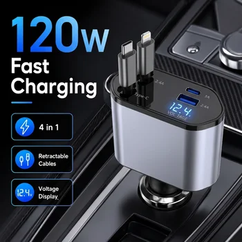Caricabatterie Auto Retrattile 120W 4 in 1 USB C Lightning, Adattatore di Ricarica Rapida per iPhone Samsung, Accessori Auto