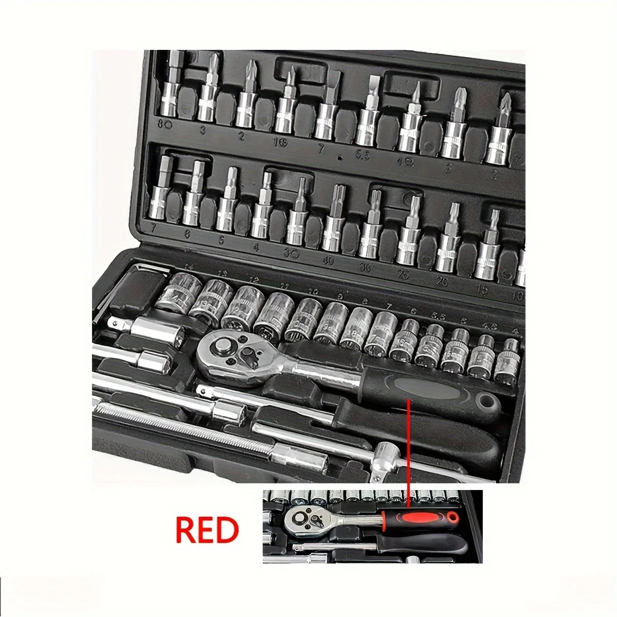 Description Picture 5 of item46-Piece 1/4-Inch Socket Wrench Set with Positioning Sockets Metric and Long Barsfor Automotive and Home Use  Storage Case