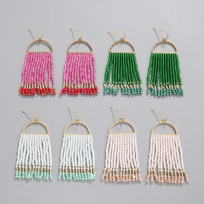 

Rice bead earrings Tassel Fashion Originality Hand knitting Bohemia Alloy Gradient Simple Geometry Beaded earrings