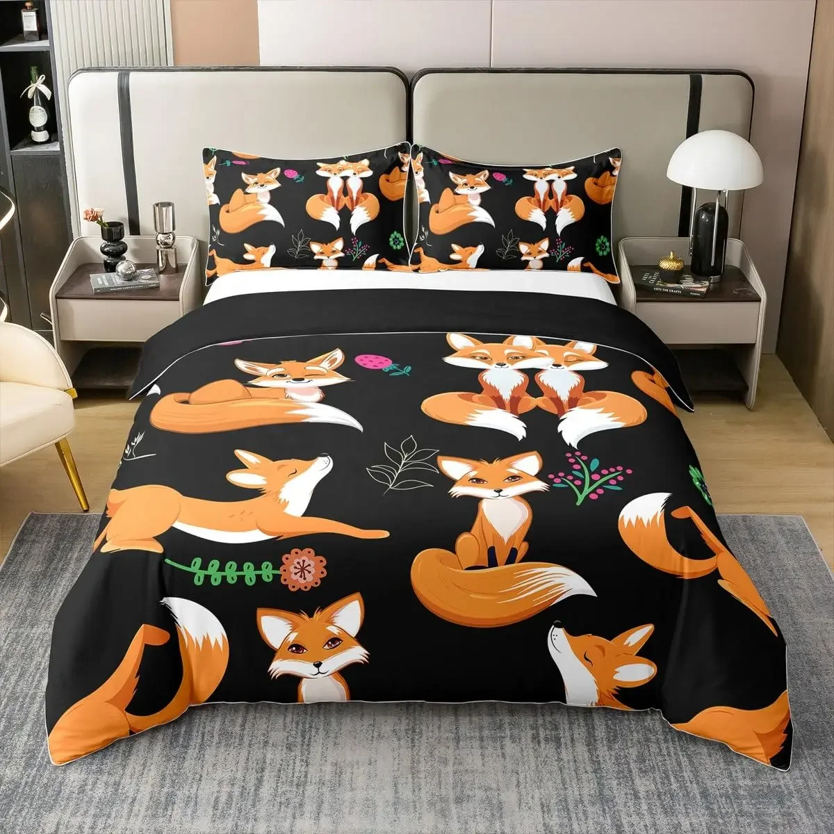 Kids Fox Bedding Set Toddler Natural Floral Comforter Cover Set for Boys Girls Blossom Flowers Pattern Duvet Cover