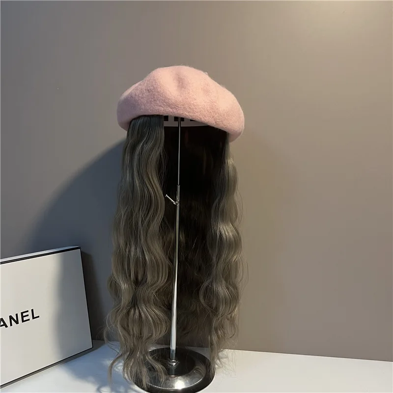 

Fashion Wig Pink Beret Curly Wigs Hat Women Detachable Wig Hats Cyan-gray Long Wig Beanies Casual Wig Bonnets Daily Wigs Berets