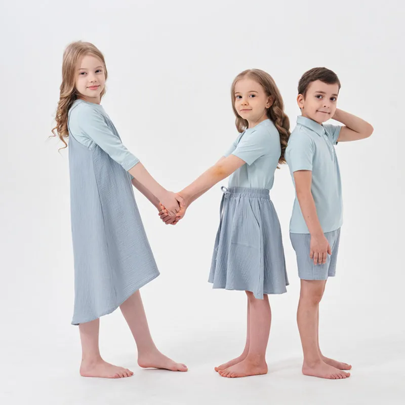 Ensemble haut et jupe en mousseline pour enfants, vêtements décontractés assortis pour la famille, garçons et filles, printemps et été