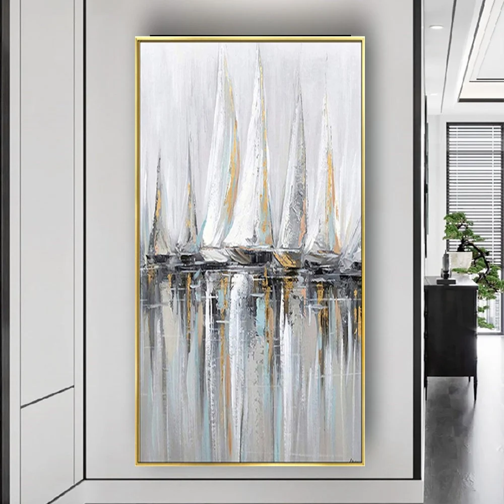 

Modern Artist Create Vintage Canvas Picture Old Grey Textured Sailboat Oil Painting Wall Art Pendant For Living Room Mural Gift