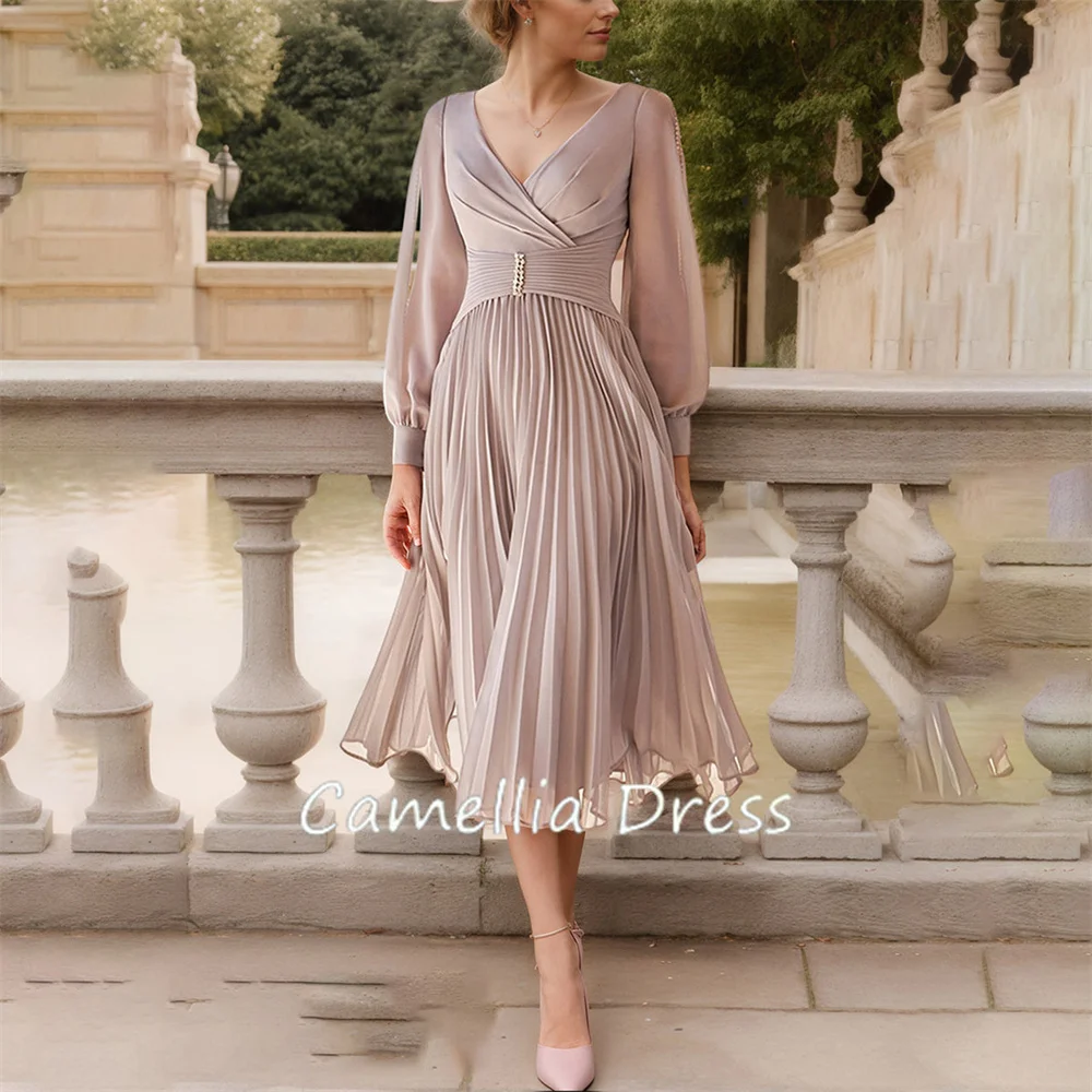 

New V Neck Mother Of The Bride Dress A Line Long Sleeves Beaded Sleek Chiffon Formal Dresses Vestidos Mae Da Noiva Casamentos