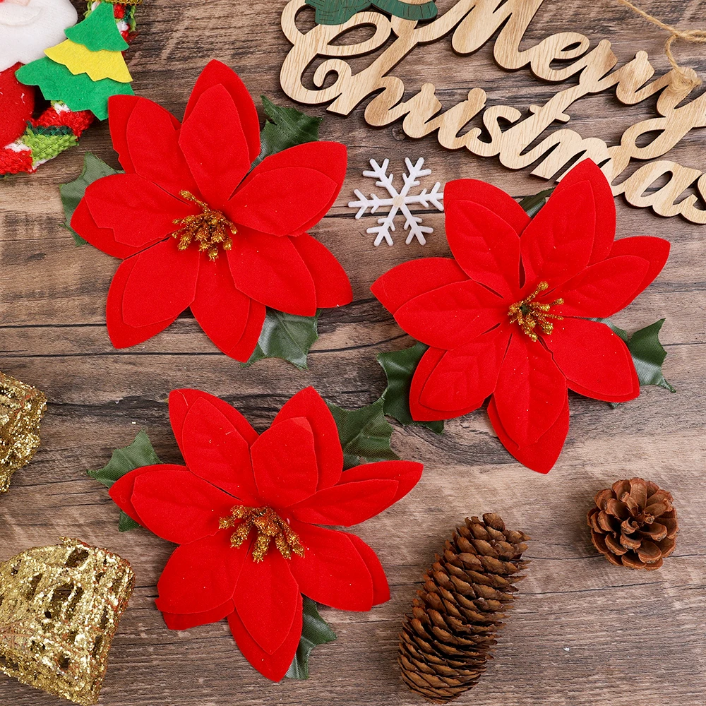 Lot De 10 Fleurs De Poinsettia Artificielles Pour Déco De Noël - 12,5 Cm, Tissu Et Plastique, Orange - Pour Sapin, Couronnes, Guirlandes