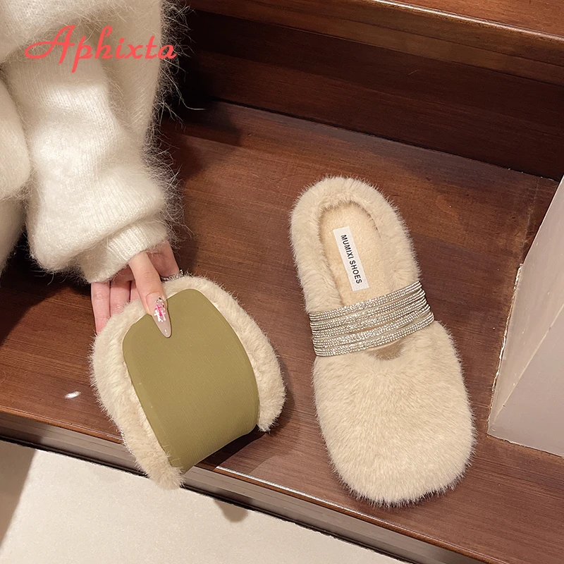 Aphixta Flat with Furry Slipper Shoes for Woman Crystal Band Slip on Women's Mules  Korean Style Luxury Brand Shoes Designer