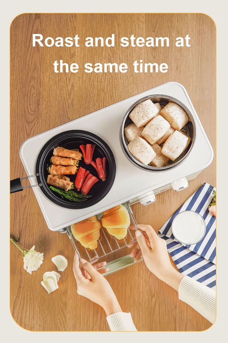 Description Picture 3 of itemHousehold  Electric 3 in 1 Breakfast Machine Bread Toaster Oven Omelette Frying Pan Hot Pot Boiler Food Steamer Pasta Cooker EU