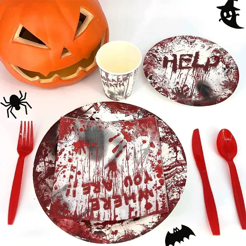 Halloween bloody hands themed tableware set paper plates paper cups napkins tablecloth disposable decoration supplies