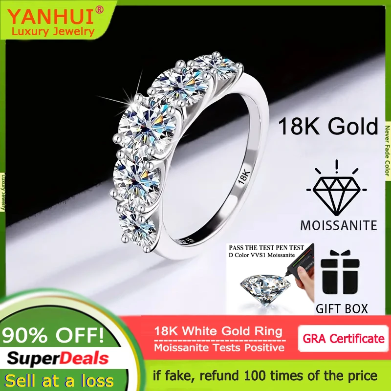 

Super Luxury 18K White Gold Ring Inlay Sparkling 5pcs Diamonds In All 5 Carat VVS1 D Color Moissanite Wedding Rings for Women