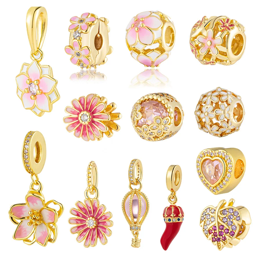 Gold Plated Colourful Bead Jewelry Gift Pink Daisy Flower & Cherry Blossom Charm Fit Original Silver 925 Europeans Bracelet charm jewelry beads charms silver charm bead charm bead beads jewelry sterling silver beads charm silver bead bracelet silver charm bracelet