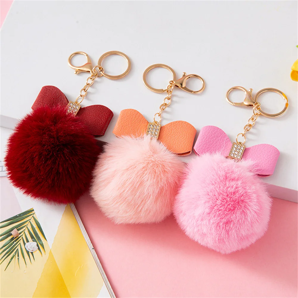 패션 Pompom 키 체인 화려한 라인 석과 크리 에이 티브 PU 활 열쇠 고리 여성 핸드백 장식품 자동차 키 홀더 액세서리