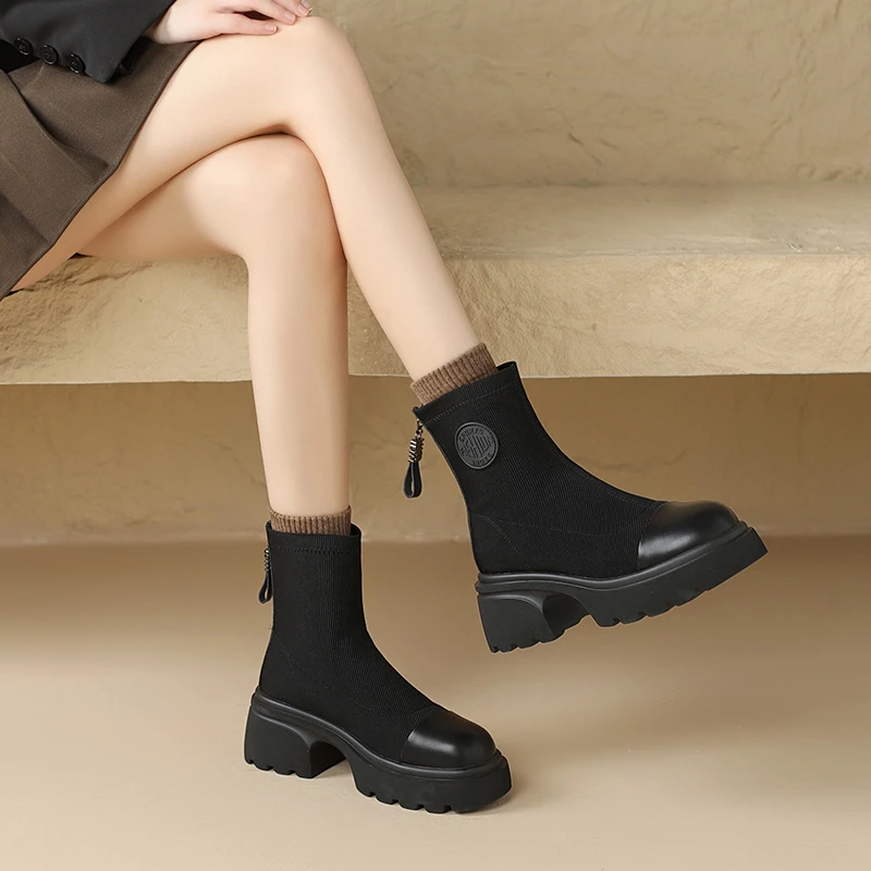 Aphixta Classic Elegant Round Toe Ankle Boots Women Winter Shoes Back Zip Square Heels Women Boots Black Platform Sock Boots
