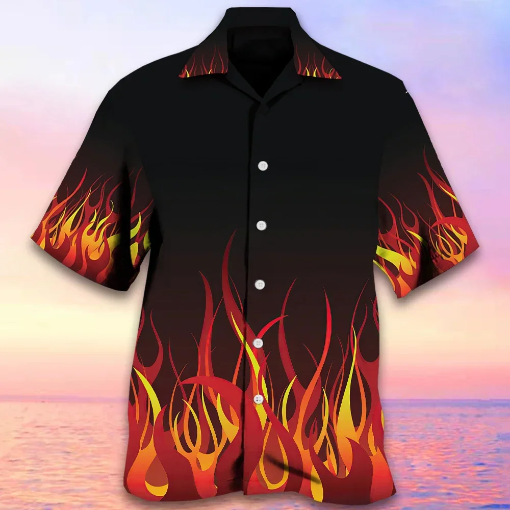 Summer Men's Cuban Collar Shirt Flame Print High Quality Men's Daily Hawaiian Holiday Casual Designer Short Sleeve Shirt