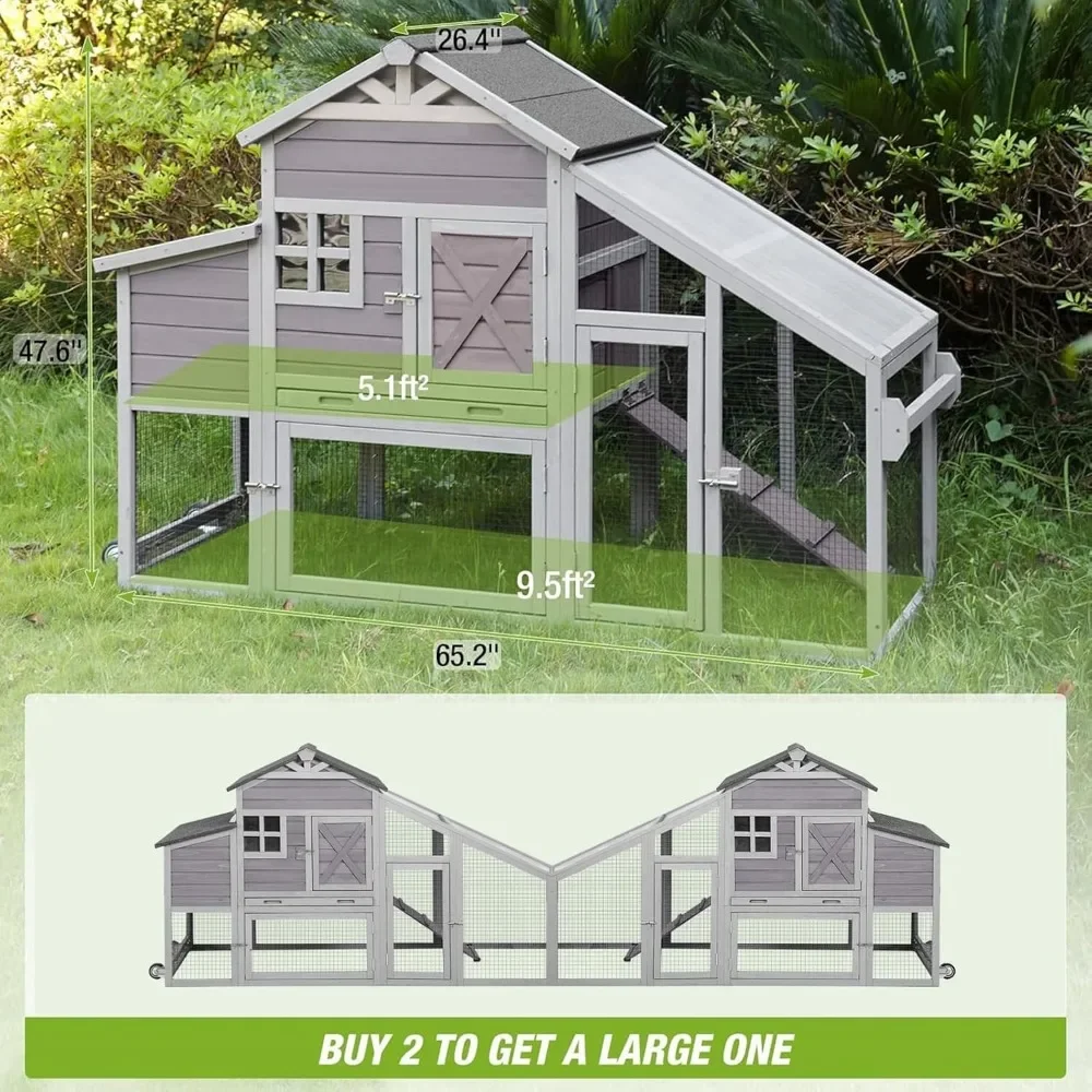 Chicken Coop Outdoor Wooden Hen House 65" with Large Nesting Box, Poultry Cage with Removable Tray,UV Proof Roof 2