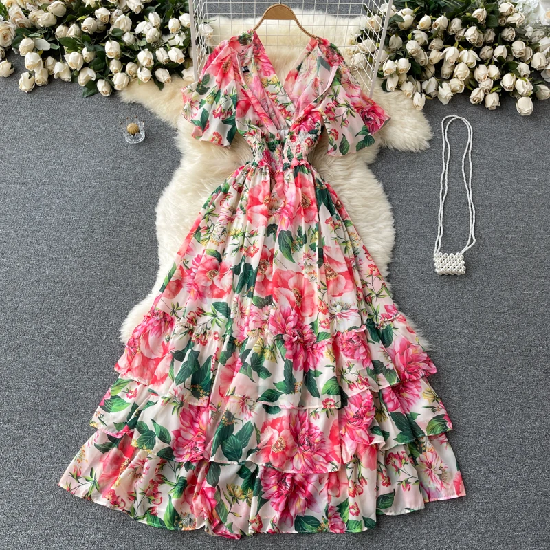 Elegant Party Dress Women Chiffon Printed Floral Long Dresses Ladies Short Sleeve Sexy V-neck Beach Maxi Dress Vestidos