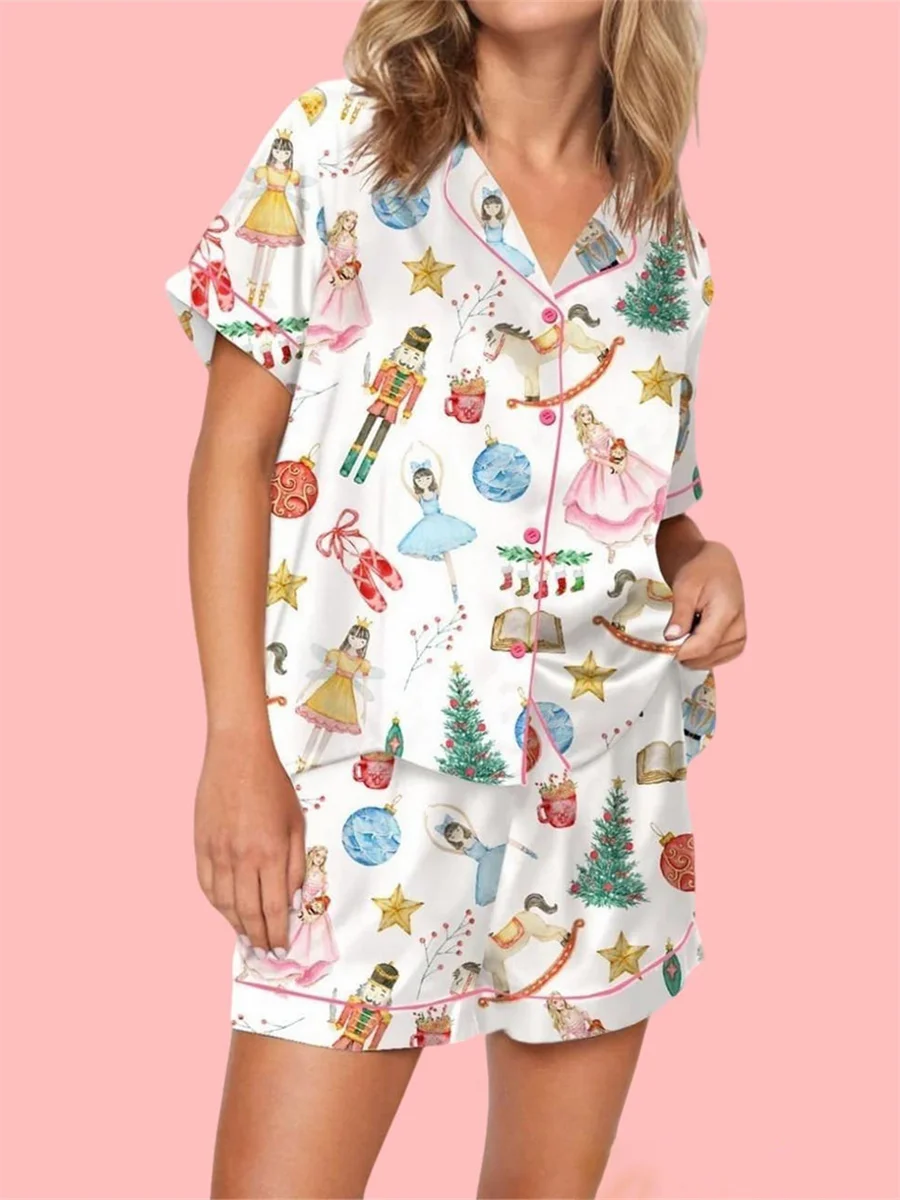 Women Halloween Print Satin Pajama Set Short Sleeve Button Closure Top with Shorts 2 Pieces Sleepwear Loungewear