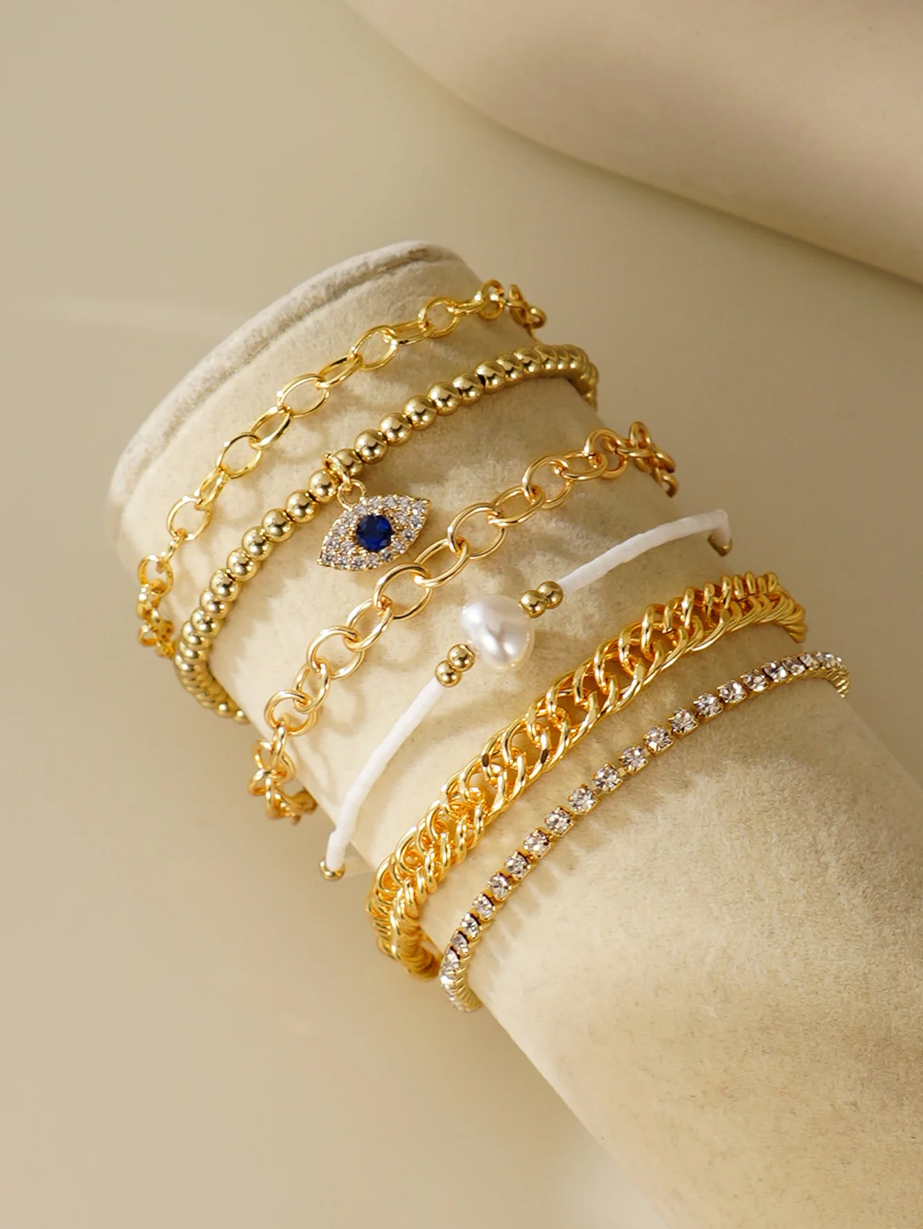 6pcs Cuban Punk Devils Eye Rhinestone Chain Multi-Layer Bracelet for Women