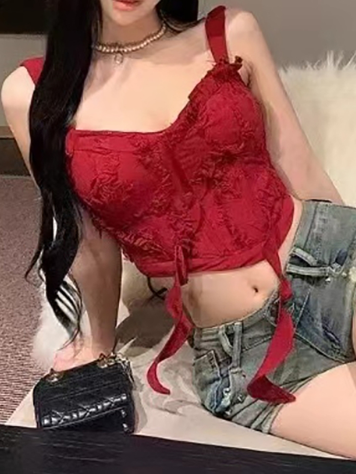 Women's Y2K Hot Girl Red Heart-Shaped Necline Ruffle-trimmed Ribbon Decoration Tank Top Summer Female Beach Style Crop Top