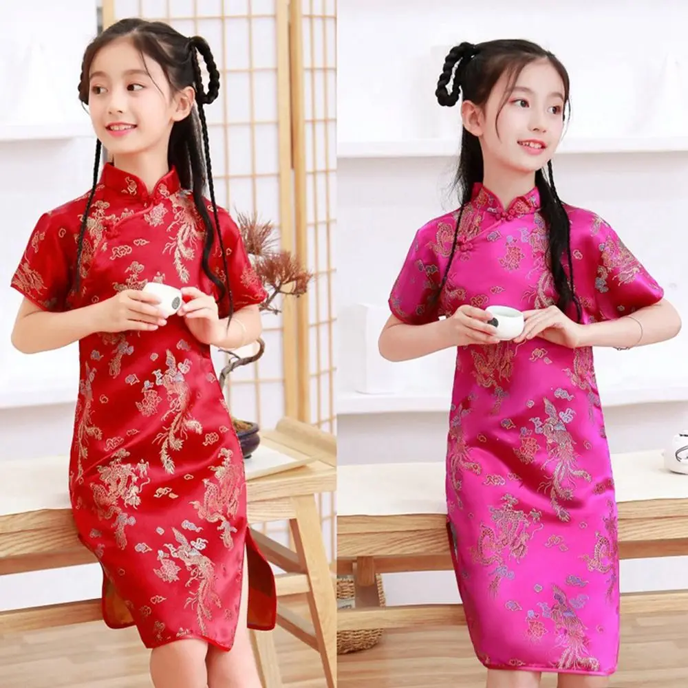 Pattern Autumn Comfortable Niche Design Silk Chinese Style Dress Kids Traditional Dress Qipao Girls Cheongsam Girls Skirt