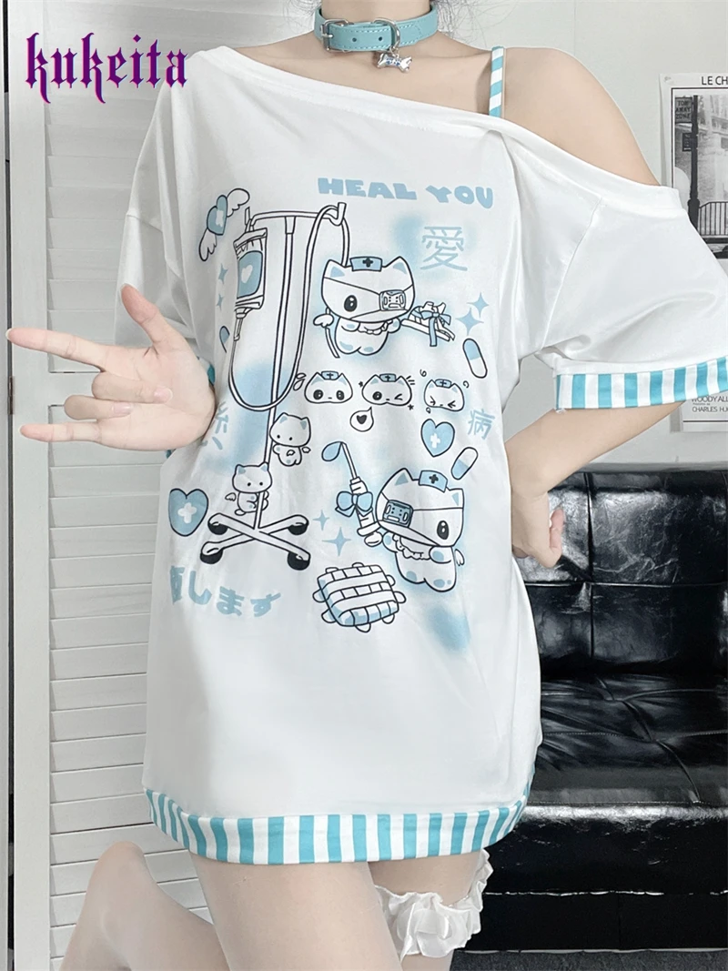 

Футболка женская с открытыми плечами, пикантный топ в японском стиле Харадзюку, с рисунком кошки, модная рубашка в Корейском стиле, уличная одежда, Y2k