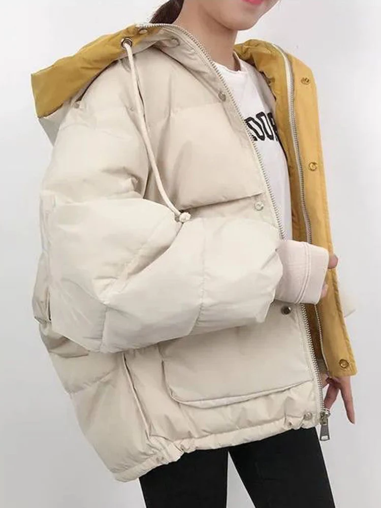 

Корейская хлопковая куртка, женское повседневное теплое пальто с подкладкой, зимние плотные однотонные парки, женская элегантная Свободная верхняя одежда с длинным рукавом и капюшоном