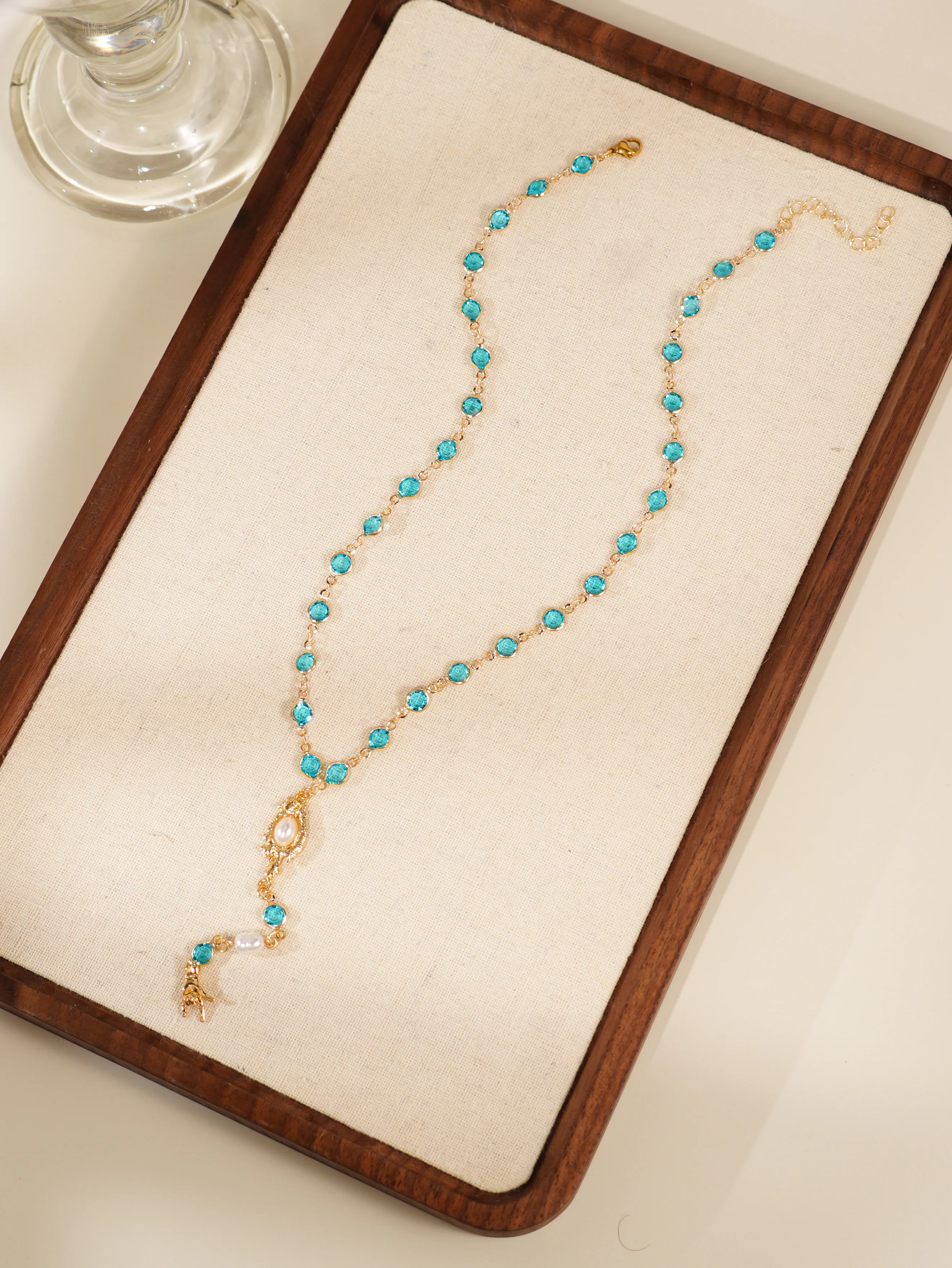Charm Imitation Pearl Design Blue Glass Chain Y-shaped Necklace Women