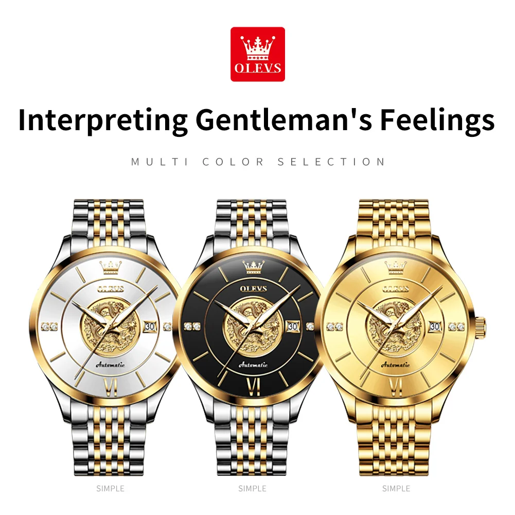 OLEVS 3D Chinese Dragon Luxury Brand Business Automatic Mechanical Watch for Men Waterpoof Men's Wristwatch Calendar Man Watch